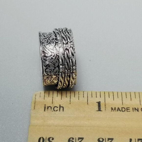 Vintage Floral Print Spinner Ring, Wide Silver Tone Size 9 Band, Wide Stacking - Picture 6 of 9